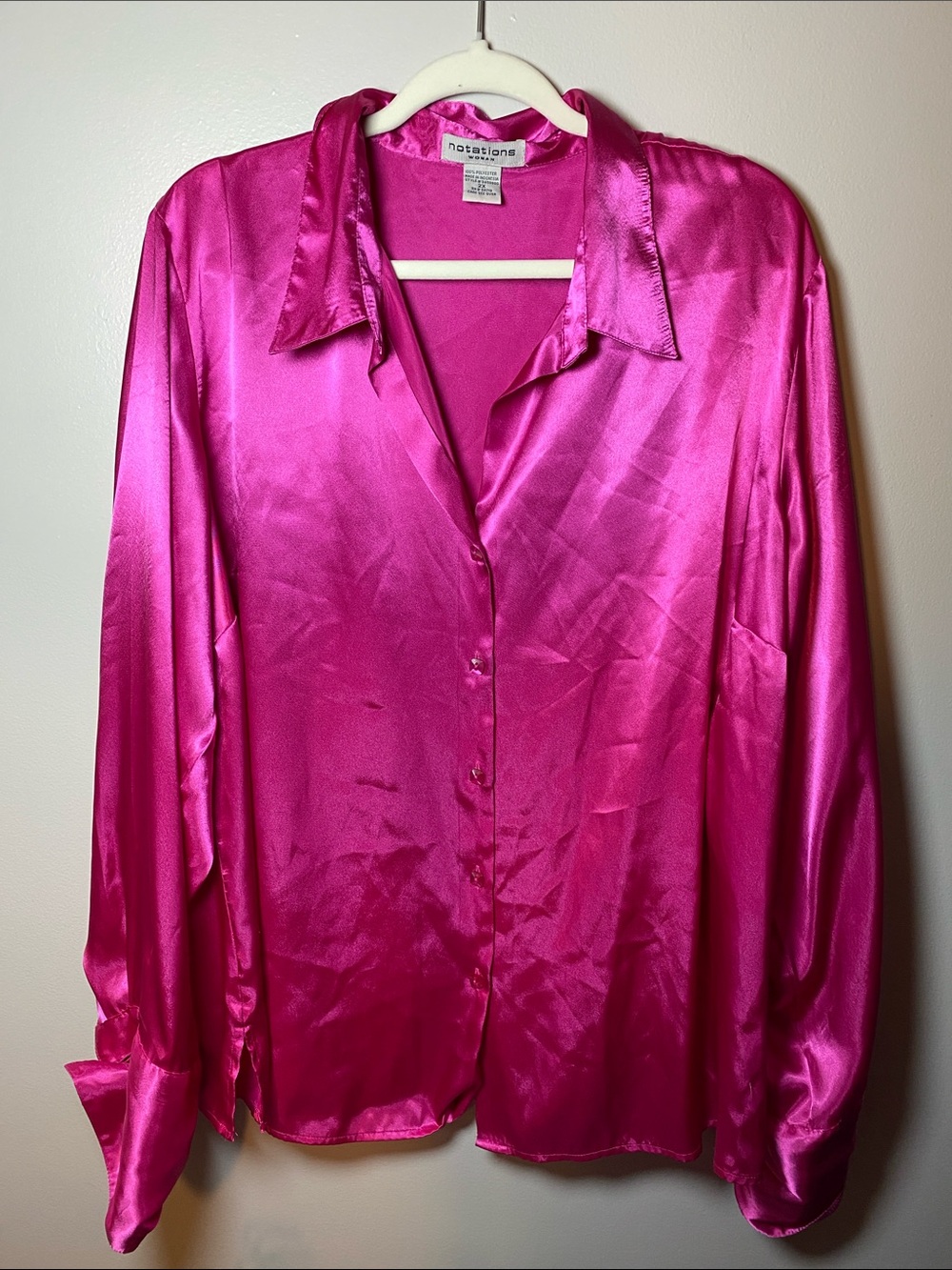 Notations Vintage Hot Pink Satin Button-Down Blouse - Women's Top 2XL